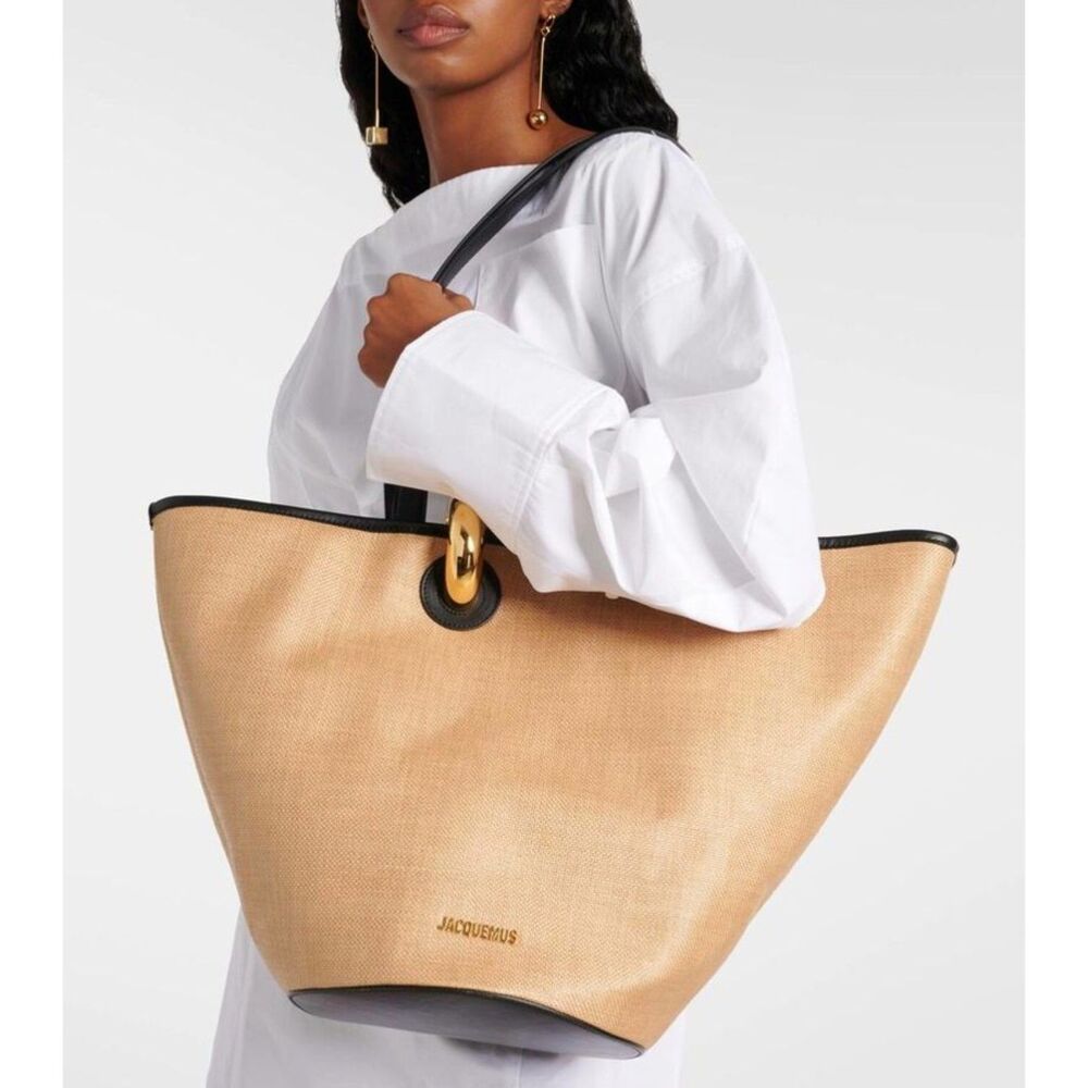 Jacquemus Le Bambola Ivory Raffia Tote Black Leather Trim Gold Hardware NWT